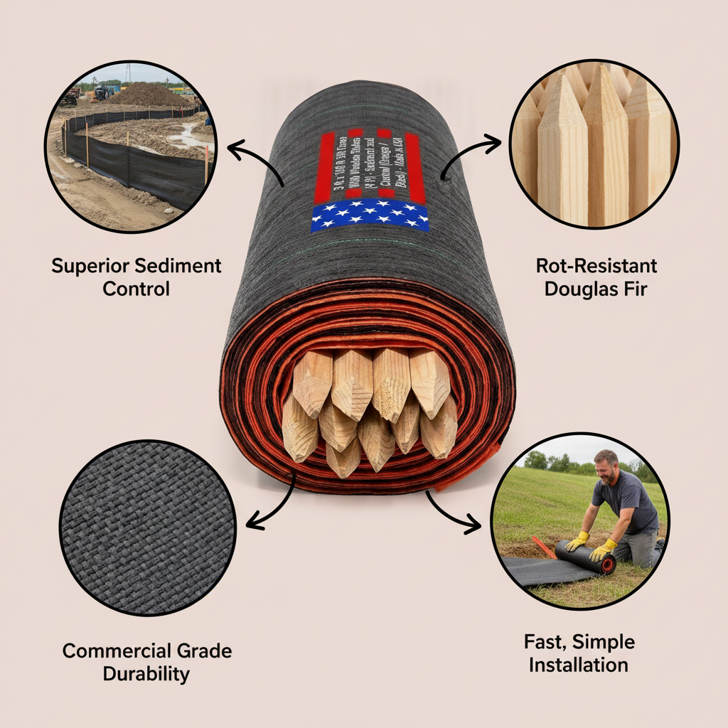 3 ft x 100 ft Silt Fence With Wooden Stakes (4 ft) - Sediment and Erosion Control (Orange / Black) - Made in USA